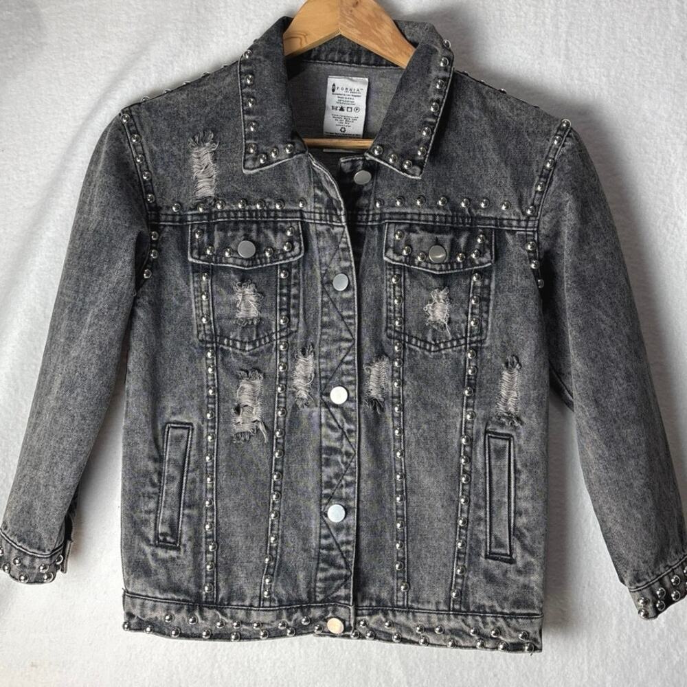 Fornia Girl’s Dark Gray Denim Studded Trucker Jacket Size XLARGE or Adult XSMALL